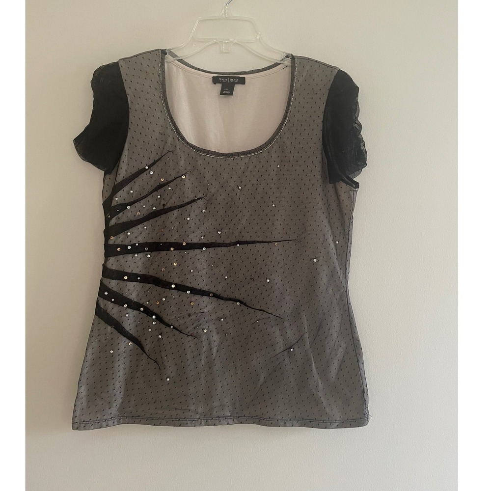 White House Black Market Mesh Polka Dot Sequin Embellished Top Tan Black Large